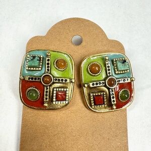Vintage Michal Golan Bronze Age Square Enameled Stoned Post Back Earrings Signed